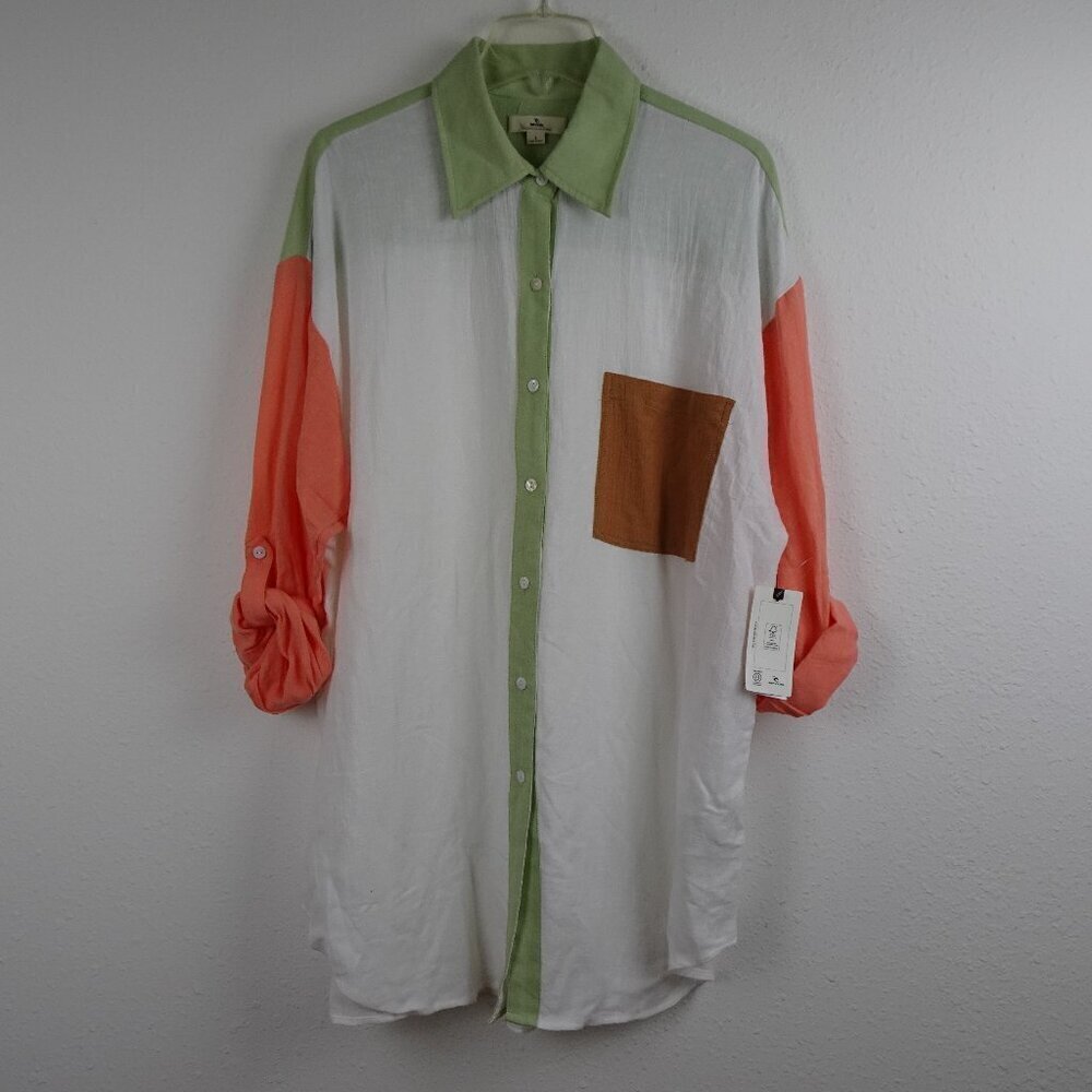 Rip Curl Button Up Top Women's Size L White Colorblock Long Sleeve Beach CoverUp